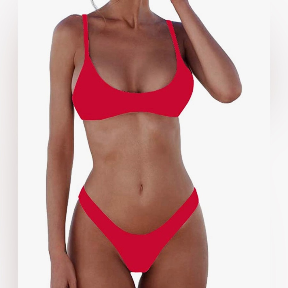 Red scoop neck thong bikini